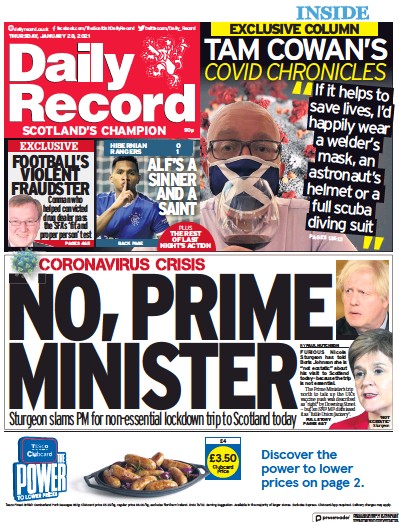 Daily Record Newspaper Front Page (UK) for 28 January 2021