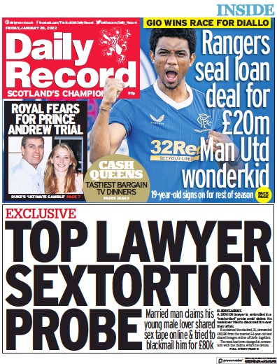 Daily Record Newspaper Front Page (UK) for 28 January 2022