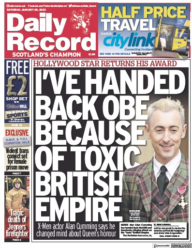 Daily Record Newspaper Front Page (UK) for 28 January 2023