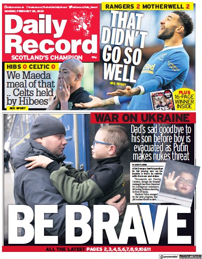 Daily Record Newspaper Front Page (UK) for 28 February 2022