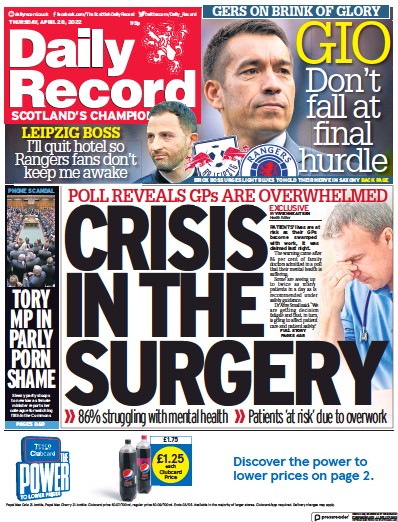 Daily Record Newspaper Front Page (UK) for 28 April 2022