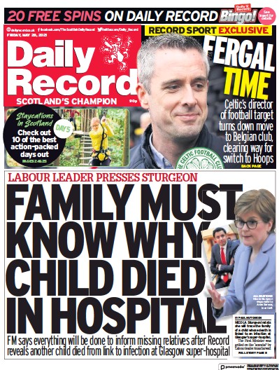 Daily Record Newspaper Front Page (UK) for 28 May 2021