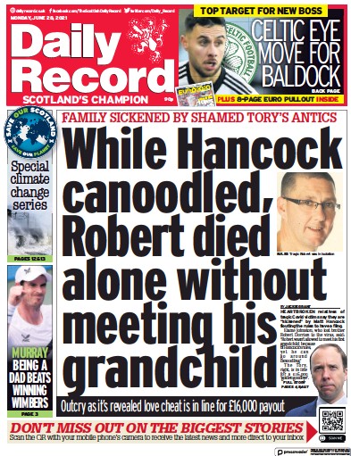 Daily Record Newspaper Front Page (UK) for 28 June 2021