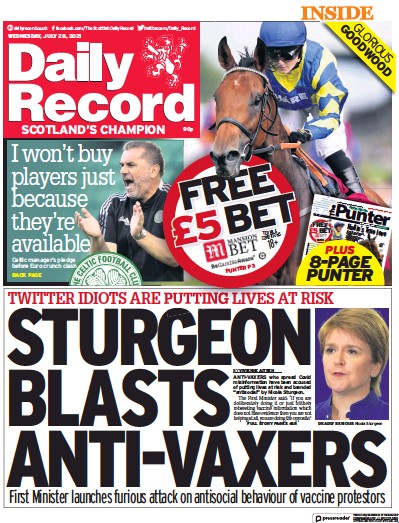 Daily Record Newspaper Front Page (UK) for 28 July 2021