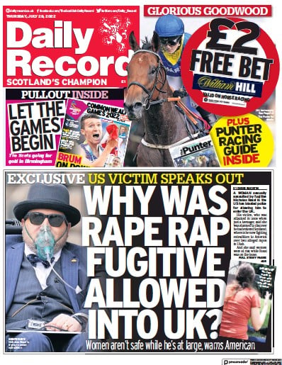Daily Record Newspaper Front Page (UK) for 28 July 2022