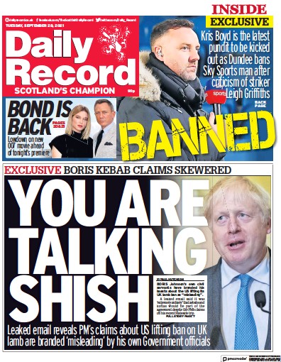 Daily Record Newspaper Front Page (UK) for 28 September 2021