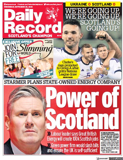 Daily Record Newspaper Front Page (UK) for 28 September 2022