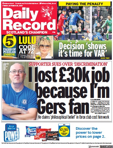 Daily Record Newspaper Front Page (UK) for 29 October 2021