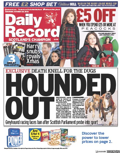 Daily Record Newspaper Front Page (UK) for 29 October 2022