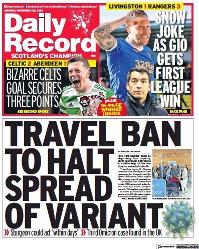 Daily Record Newspaper Front Page (UK) for 29 November 2021
