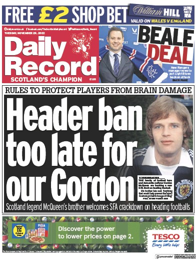 Daily Record Newspaper Front Page (UK) for 29 November 2022