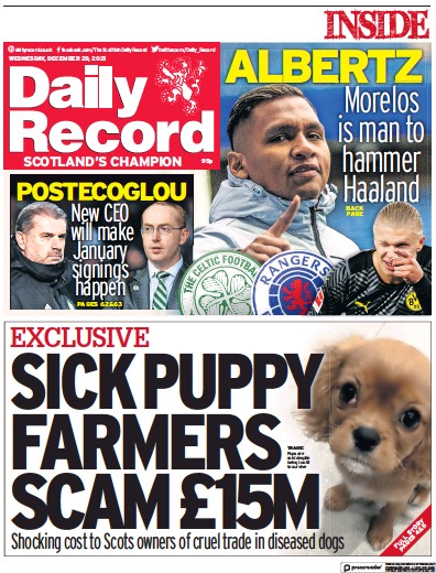 Daily Record Newspaper Front Page (UK) for 29 December 2021