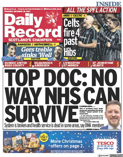 Daily Record Newspaper Front Page (UK) for 29 December 2022