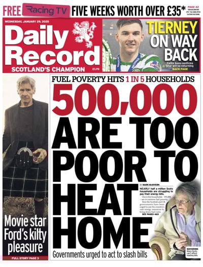 Daily Record Newspaper Front Page (UK) for 29 January 2025