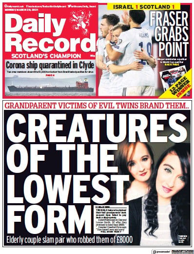 Daily Record Newspaper Front Page (UK) for 29 March 2021