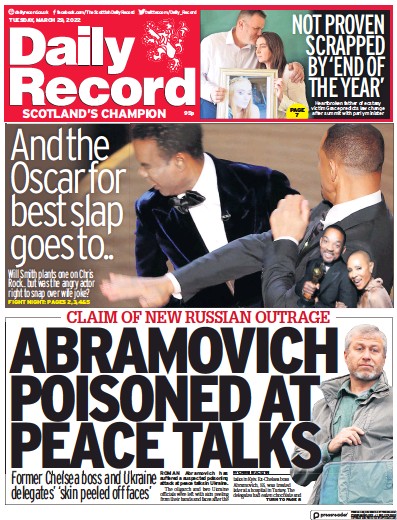 Daily Record Newspaper Front Page (UK) for 29 March 2022
