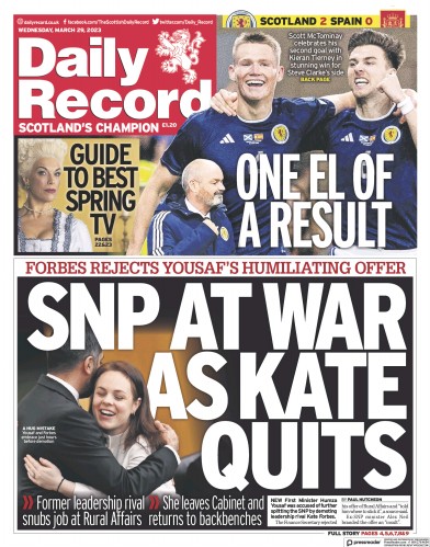 Daily Record Newspaper Front Page (UK) for 29 March 2023