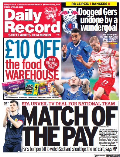 Daily Record Newspaper Front Page (UK) for 29 April 2022