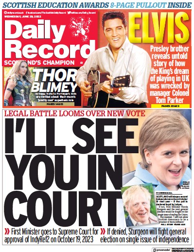 Daily Record Newspaper Front Page (UK) for 29 June 2022