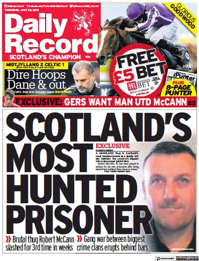 Daily Record Newspaper Front Page (UK) for 29 July 2021