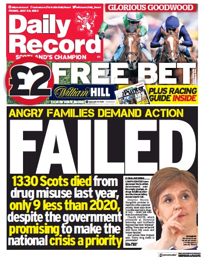 Daily Record Newspaper Front Page (UK) for 29 July 2022