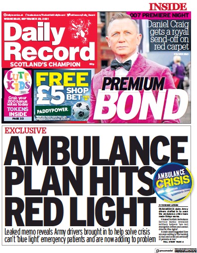 Daily Record Newspaper Front Page (UK) for 29 September 2021