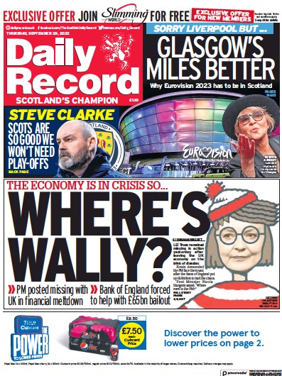 Daily Record Newspaper Front Page (UK) for 29 September 2022