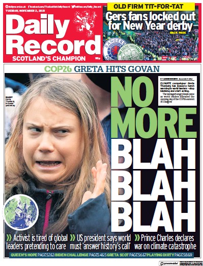 Daily Record Newspaper Front Page (UK) for 2 November 2021