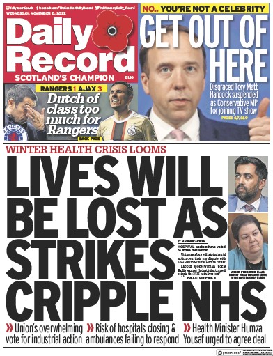 Daily Record Newspaper Front Page (UK) for 2 November 2022