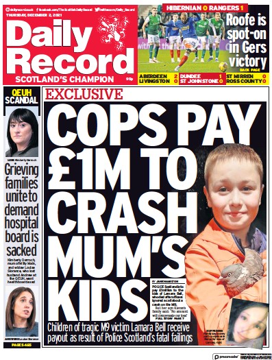 Daily Record Newspaper Front Page (UK) for 2 December 2021