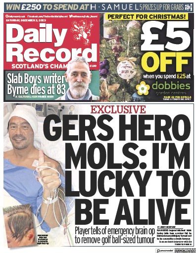 Daily Record Newspaper Front Page (UK) for 2 December 2023