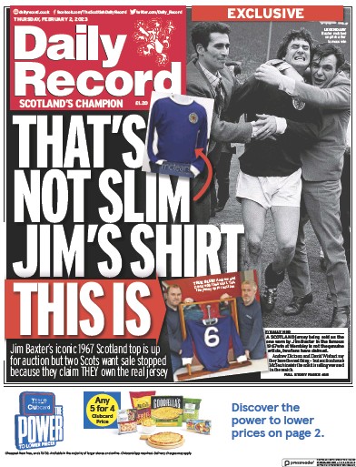 Daily Record Newspaper Front Page (UK) for 2 February 2023