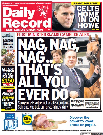 Daily Record Newspaper Front Page (UK) for 2 April 2021