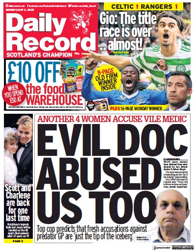 Daily Record Newspaper Front Page (UK) for 2 May 2022