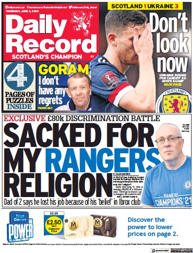 Daily Record Newspaper Front Page (UK) for 2 June 2022