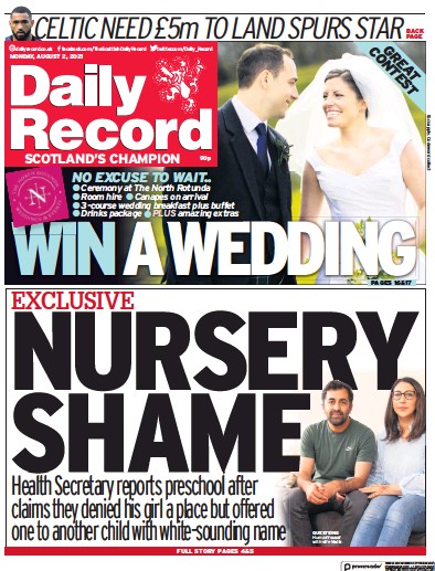 Daily Record Newspaper Front Page (UK) for 2 August 2021