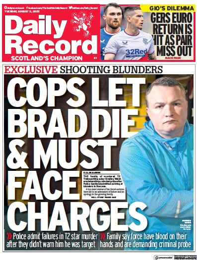 Daily Record Newspaper Front Page (UK) for 2 August 2022