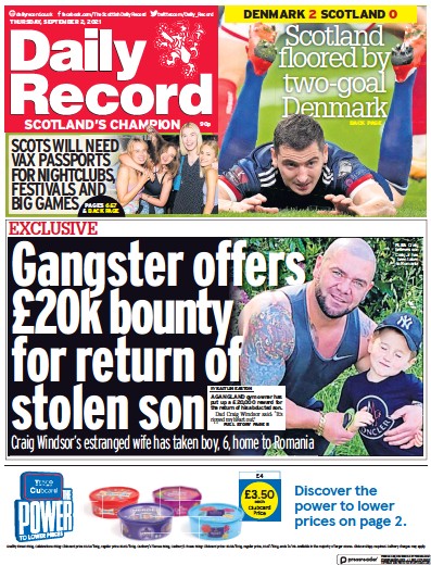 Daily Record Newspaper Front Page (UK) for 2 September 2021