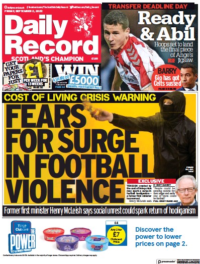 Daily Record Newspaper Front Page (UK) for 2 September 2022