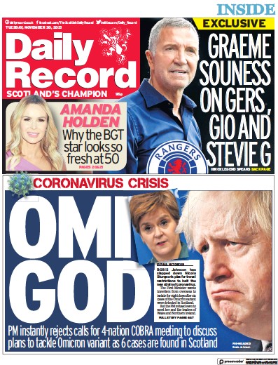 Daily Record Newspaper Front Page (UK) for 30 November 2021