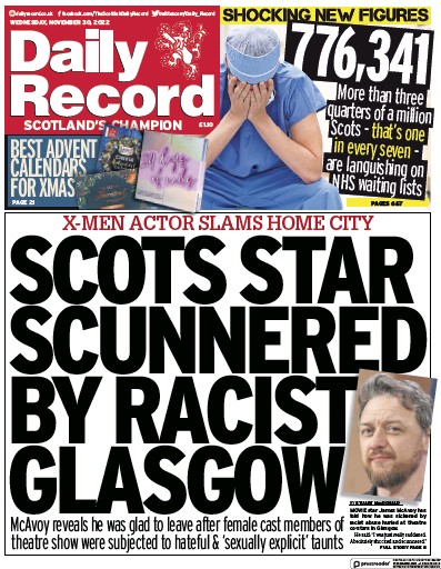 Daily Record Newspaper Front Page (UK) for 30 November 2022