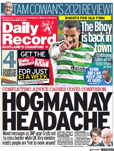 Daily Record Newspaper Front Page (UK) for 30 December 2021