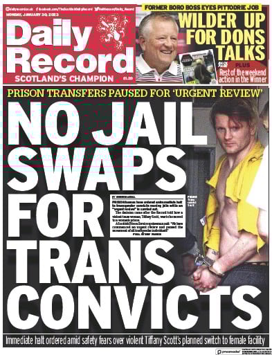Daily Record Newspaper Front Page (UK) for 30 January 2023