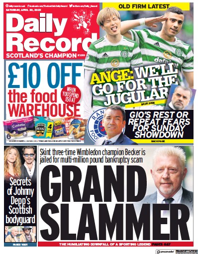 Daily Record Newspaper Front Page (UK) for 30 April 2022