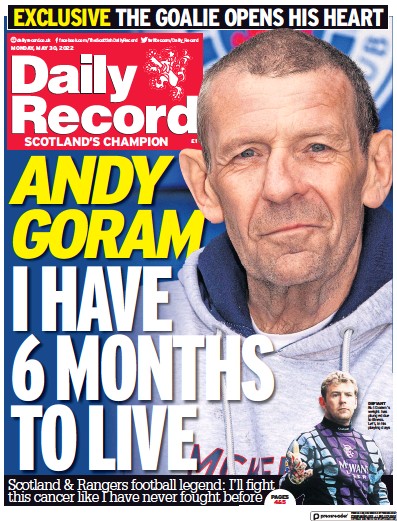 Daily Record Newspaper Front Page (UK) for 30 May 2022
