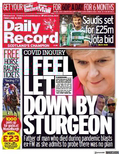 Daily Record Newspaper Front Page (UK) for 30 June 2023