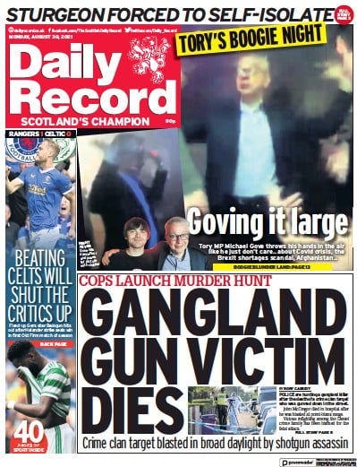 Daily Record Newspaper Front Page (UK) for 30 August 2021