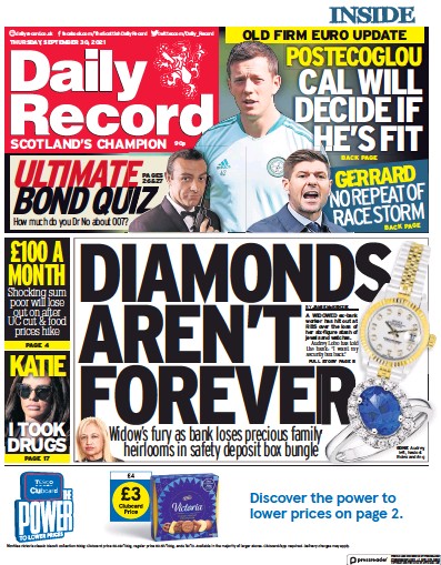 Daily Record Newspaper Front Page (UK) for 30 September 2021