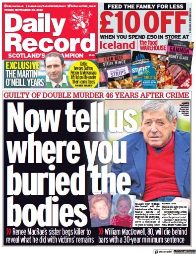 Daily Record Newspaper Front Page (UK) for 30 September 2022