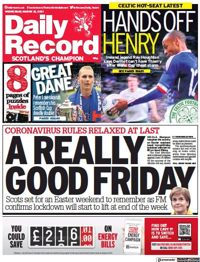 Daily Record Newspaper Front Page (UK) for 31 March 2021